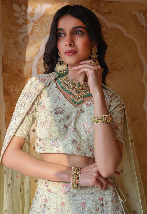 Embroidered Georgette Lehenga in Light Olive Green