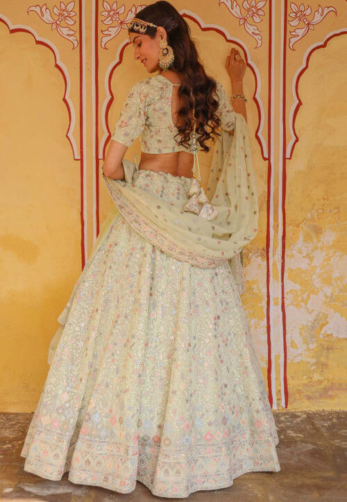Embroidered Georgette Lehenga in Light Olive Green