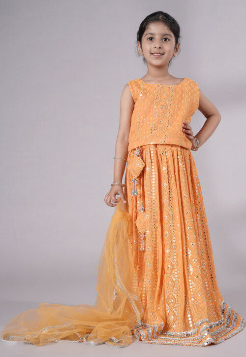 Embroidered Georgette Lehenga in Light Orange