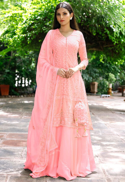 Embroidered Georgette Lehenga in Light Pink