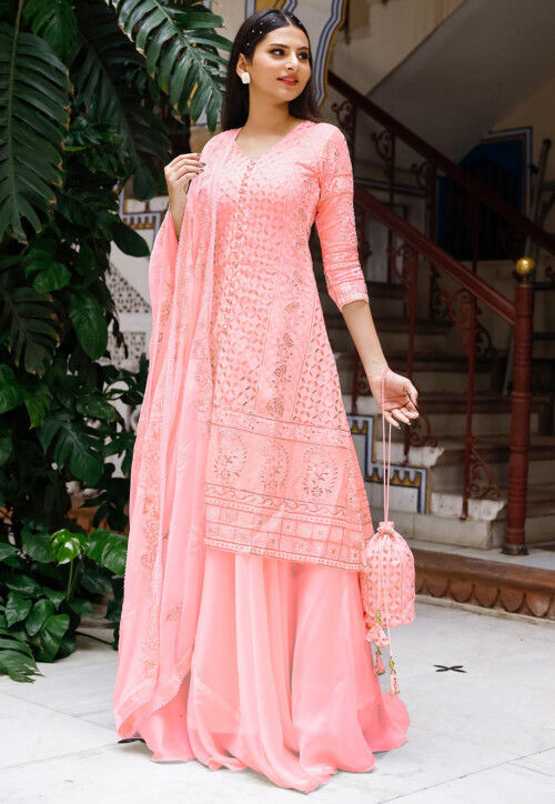 Embroidered Georgette Lehenga in Light Pink