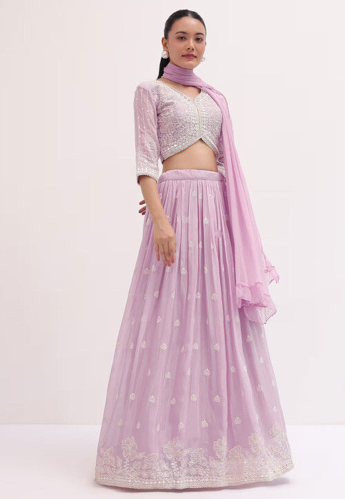 Embroidered Georgette Lehenga in Light Purple