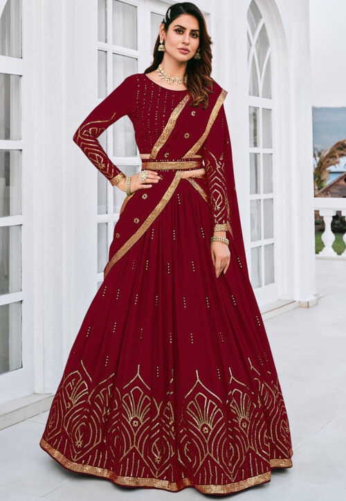 Embroidered Georgette Lehenga in Maroon