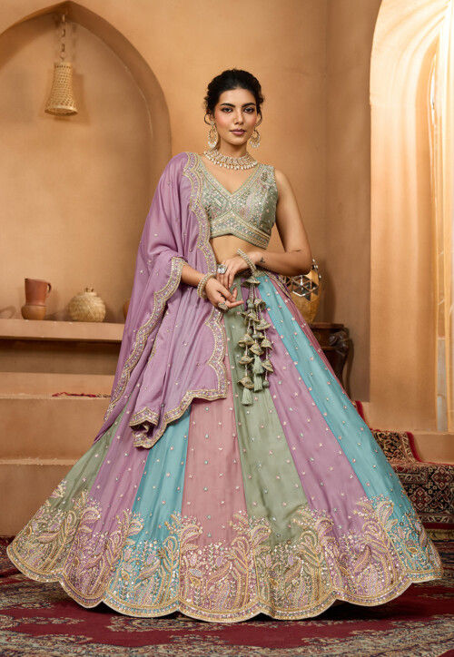 Embroidered Georgette Lehenga in Multicolor