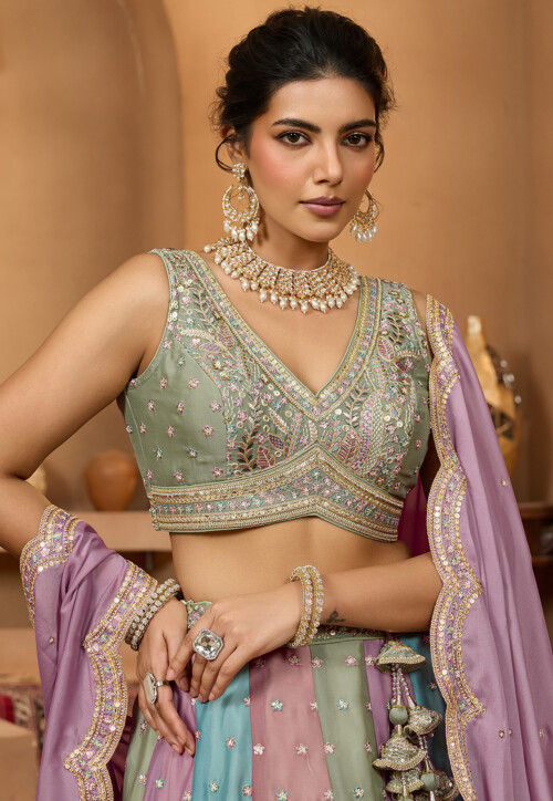 Embroidered Georgette Lehenga in Multicolor