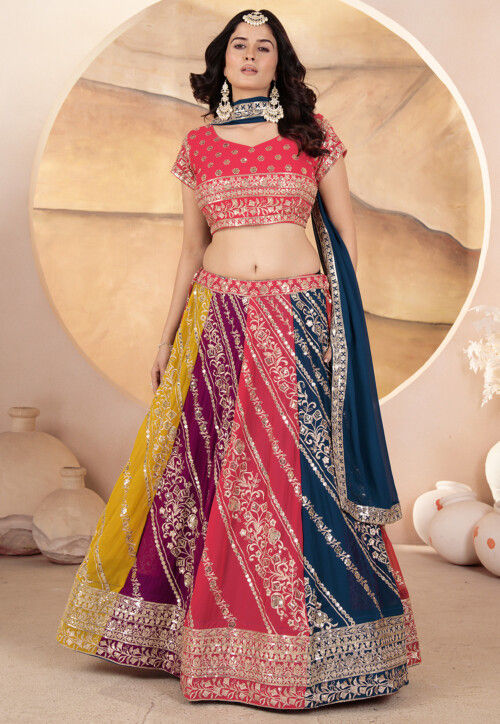 Embroidered Georgette Lehenga in Multicolor