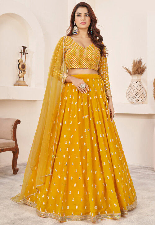 Embroidered Georgette Lehenga in Mustard