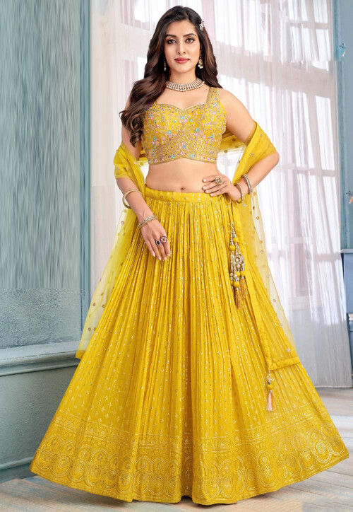 Embroidered Georgette Lehenga in Mustard