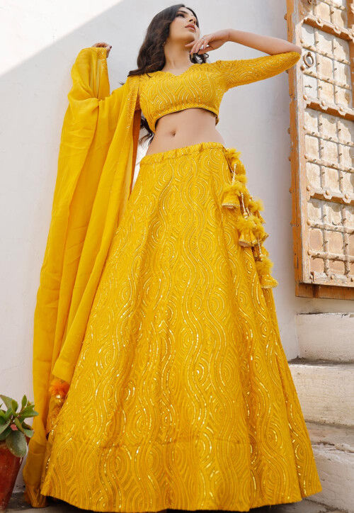 Embroidered Georgette Lehenga in Mustard
