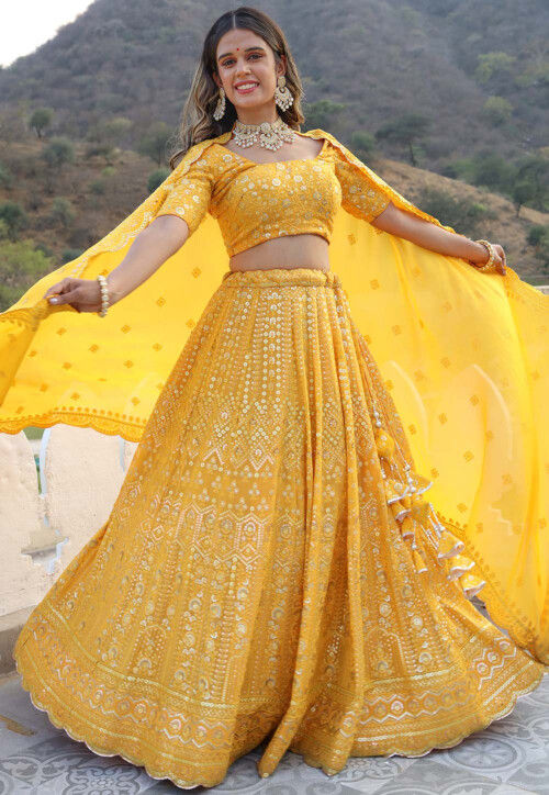 Yellow - Georgette - Lehenga Cholis: Buy Indian Lehenga Outfits Online |  Utsav Fashion