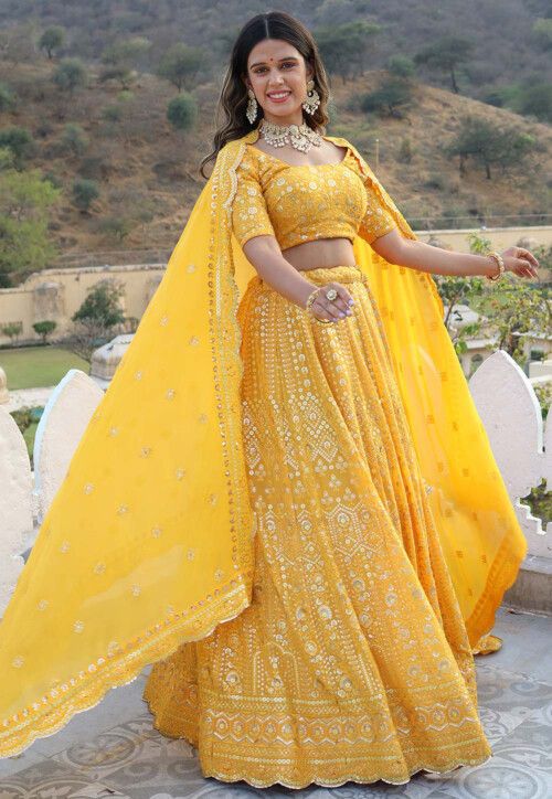 Embroidered Georgette Lehenga in Yellow