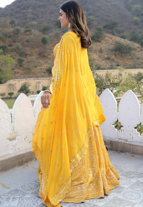 Embroidered Georgette Lehenga in Yellow