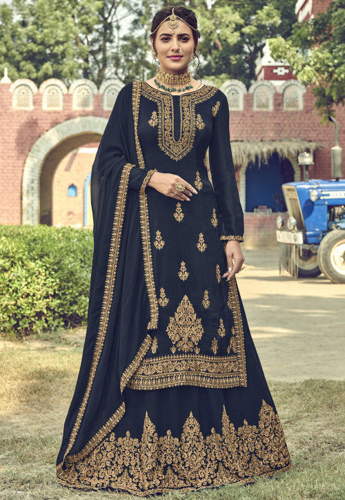 Embroidered Georgette Lehenga in Navy Blue : LCC1015