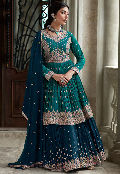 Green & Blue Silk Embroidered Lehenga Choli Set with Net Dupatta | Lehenga  Choli Online USA – Ria Fashions