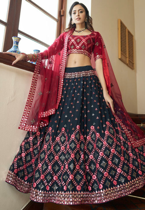 Navy Blue Jacquard Silk Party Wear Sequence Work Lehenga Choli - Zakarto