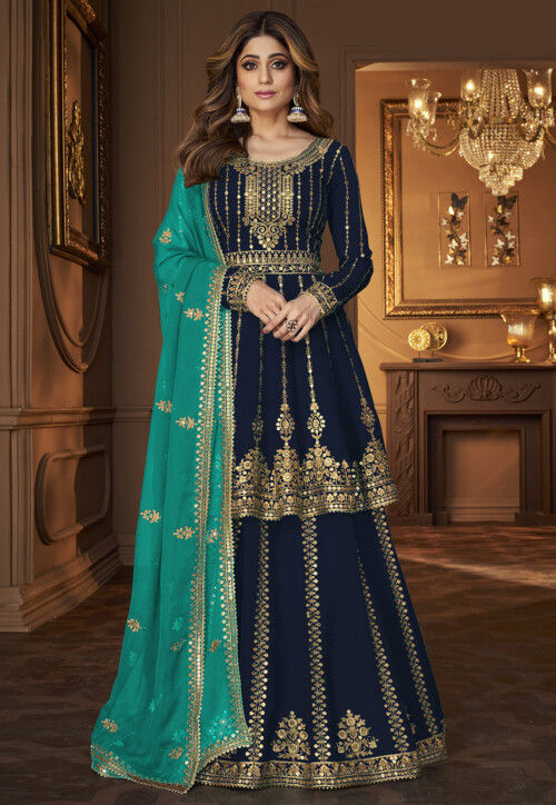 Embroidered Georgette Lehenga in Navy Blue