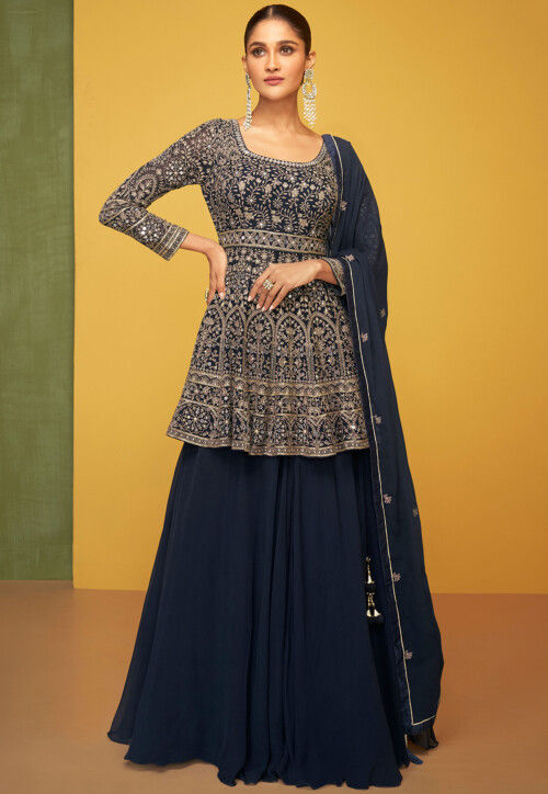 Embroidered Georgette Lehenga in Navy Blue