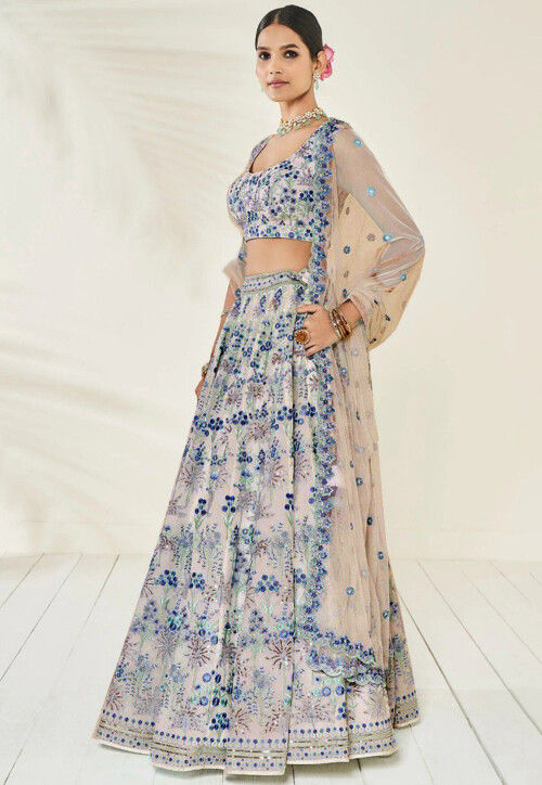 Embroidered Georgette Lehenga in Beige and Blue