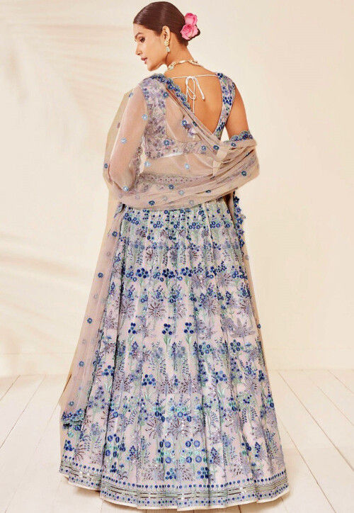 Embroidered Georgette Lehenga in Beige and Blue
