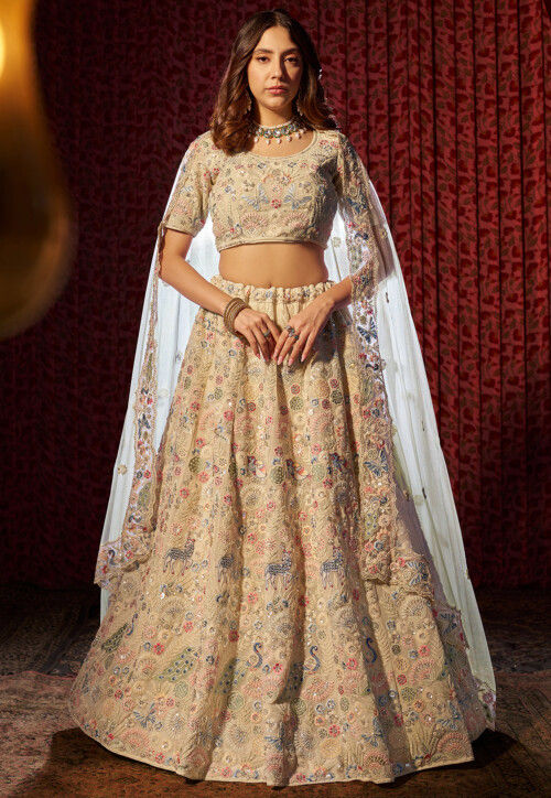 Embroidered Georgette Lehenga in Off White