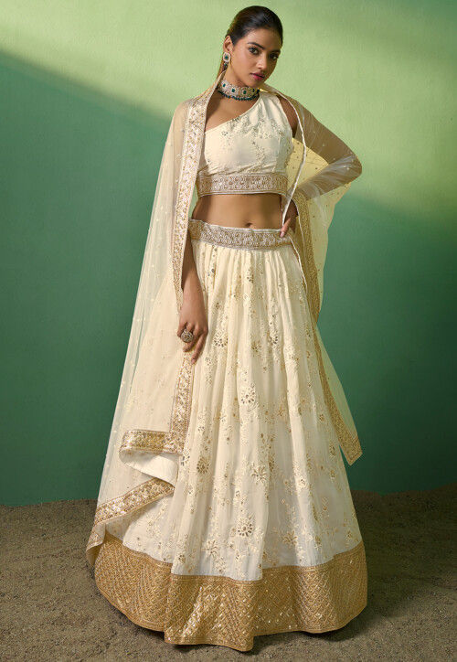 Silk Fabric Off White Color Embroidered Bridal Lehenga Choli