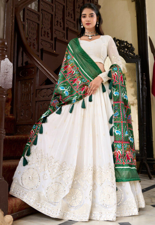 Embroidered Georgette Lehenga in Off White