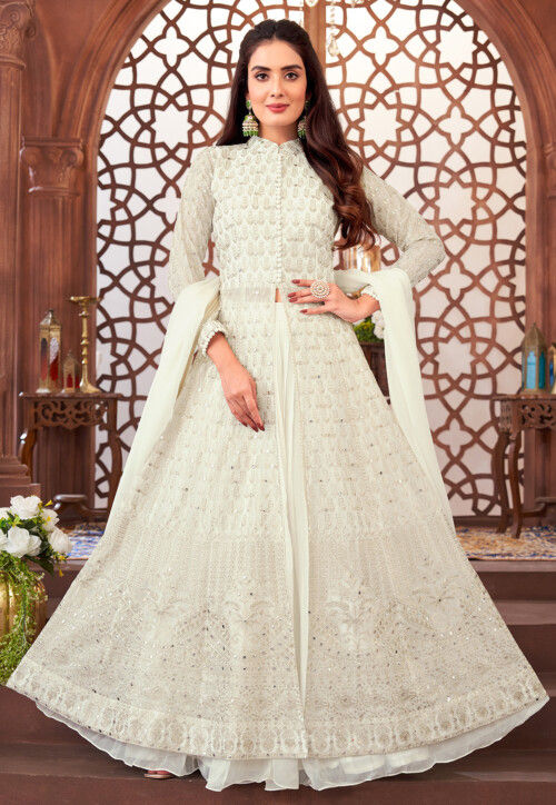 Embroidered Georgette Lehenga in Off White