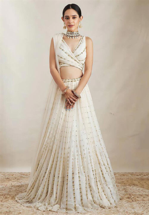 Embroidered Georgette Lehenga in Off White