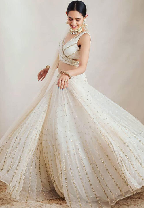 Embroidered Georgette Lehenga in Off White