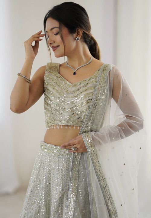Embroidered Georgette Lehenga in Off White