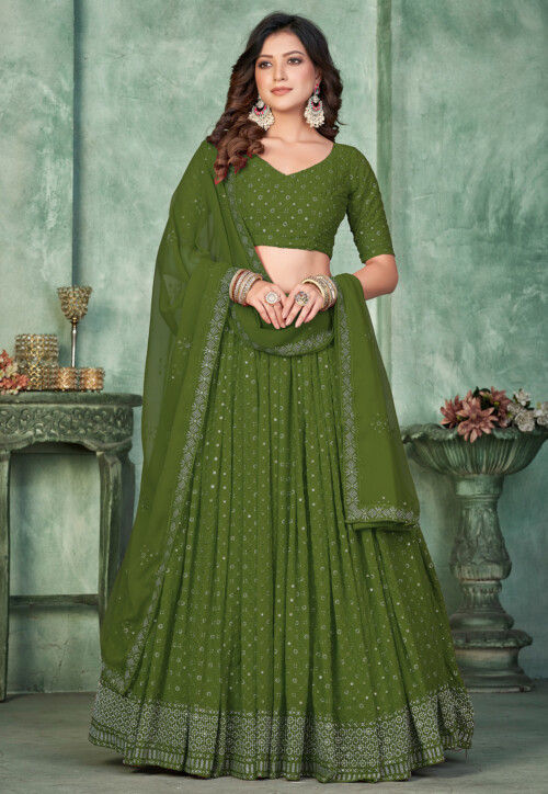 Embroidered Georgette Lehenga in Olive Green