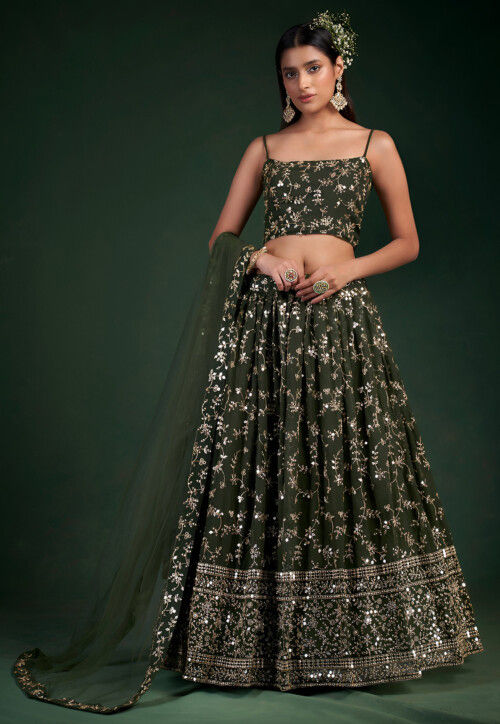Embroidered Georgette Lehenga in Olive Green