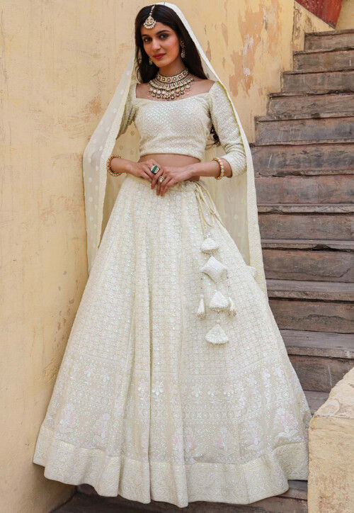 Embroidered Georgette Lehenga in Pastel Yellow