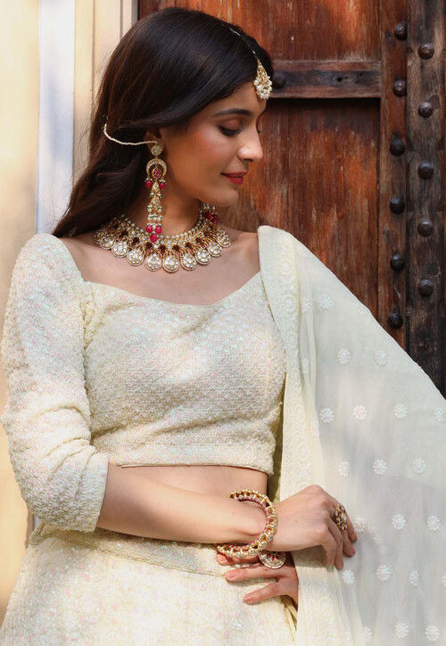 Embroidered Georgette Lehenga in Pastel Yellow