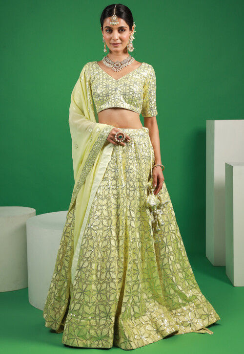 Embroidered Georgette Lehenga in Pastel Yellow