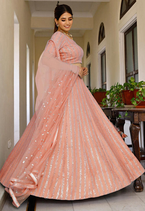 Embroidered Georgette Lehenga in Peach