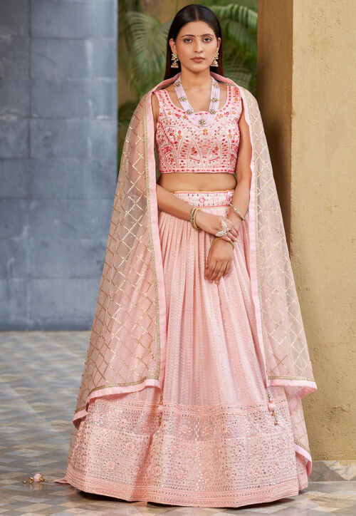 Embroidered Georgette Lehenga in Peach
