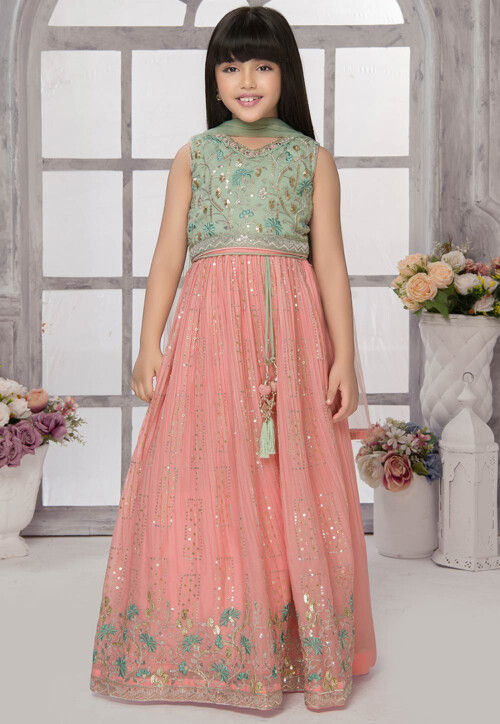 Embroidered Georgette Lehenga in Peach