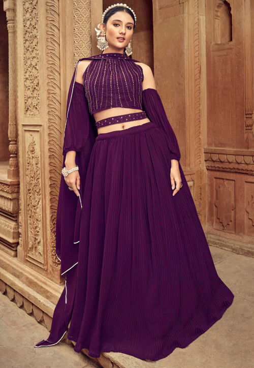 Embroidered Georgette Lehenga in Purple
