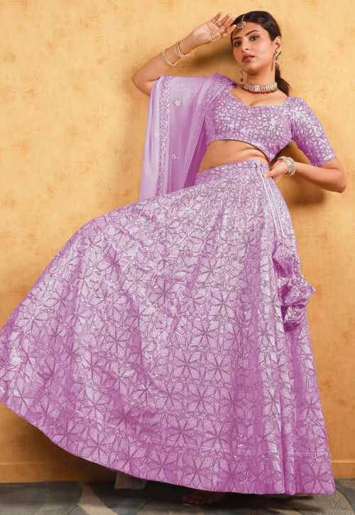 Embroidered Georgette Lehenga in Purple