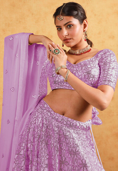 Embroidered Georgette Lehenga in Purple