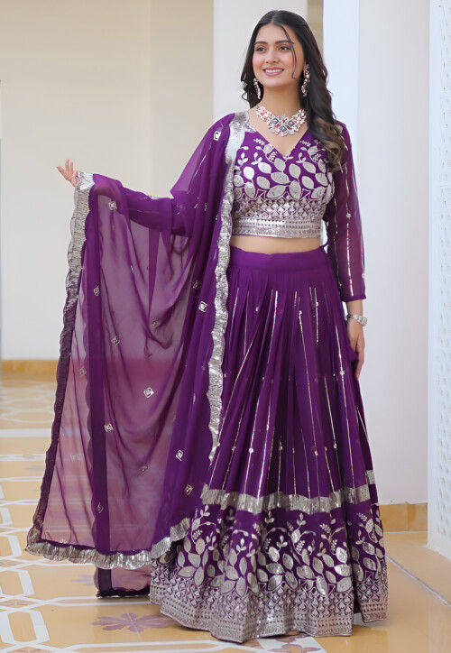 Embroidered Georgette Lehenga in Purple