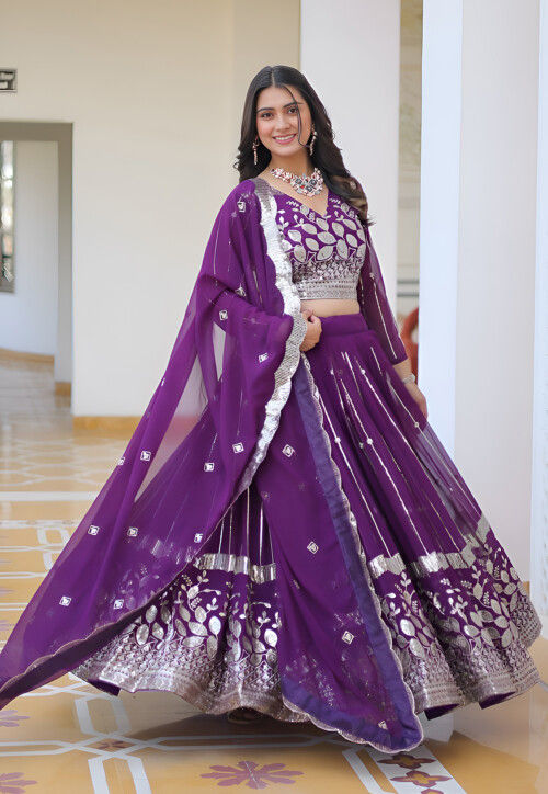 Embroidered Georgette Lehenga in Purple