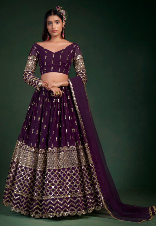 Embroidered Georgette Lehenga in Purple