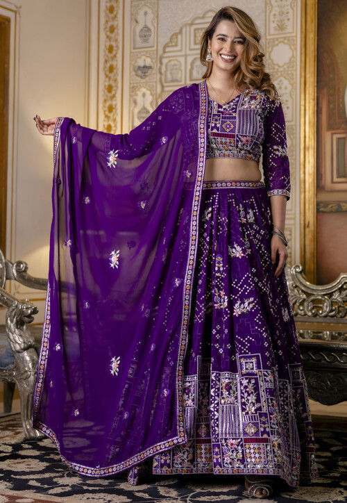 Embroidered Georgette Lehenga in Purple