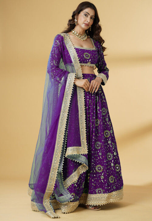 Embroidered Georgette Lehenga in Purple
