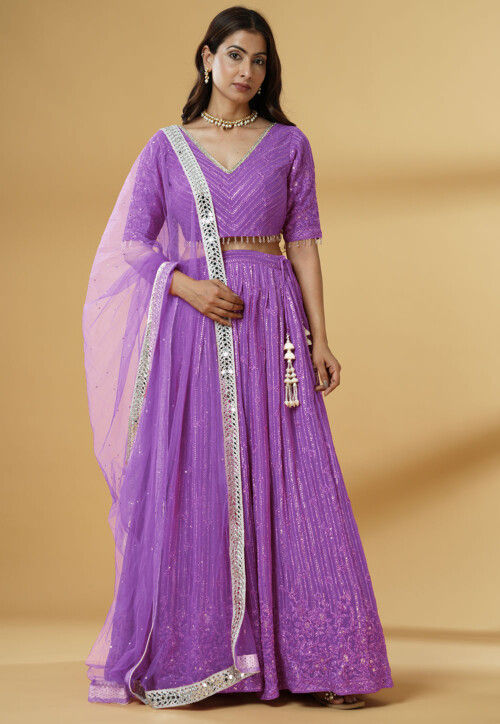 Embroidered Georgette Lehenga in Purple