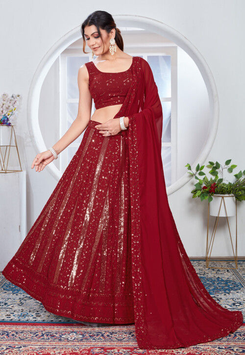 Embroidered Georgette Lehenga in Red