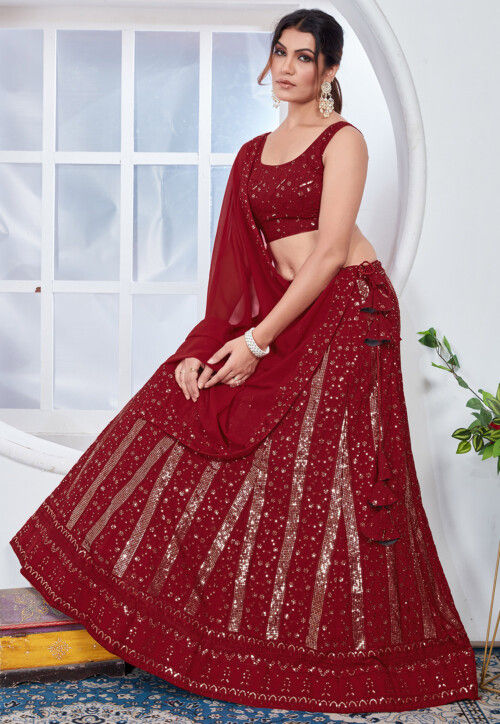 Embroidered Georgette Lehenga in Red