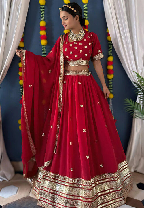 Embroidered Georgette Lehenga in Red